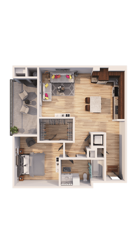 Floor plan for 1 bed, 1 bath, 745 sqft